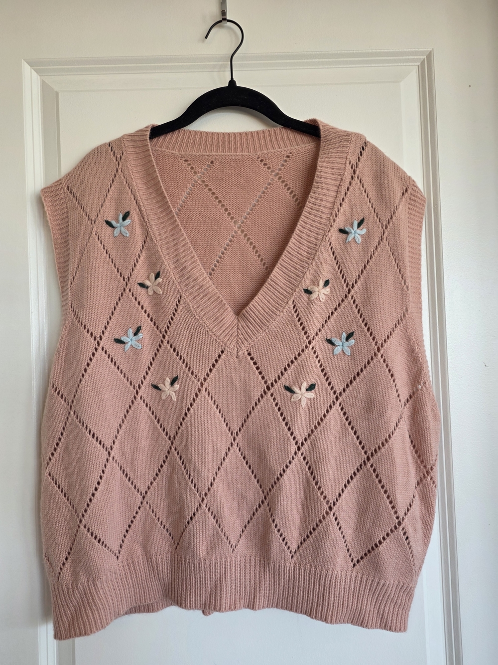 SHEIN Pink V-Neck Knit Sweater Vest with Floral Appliqués